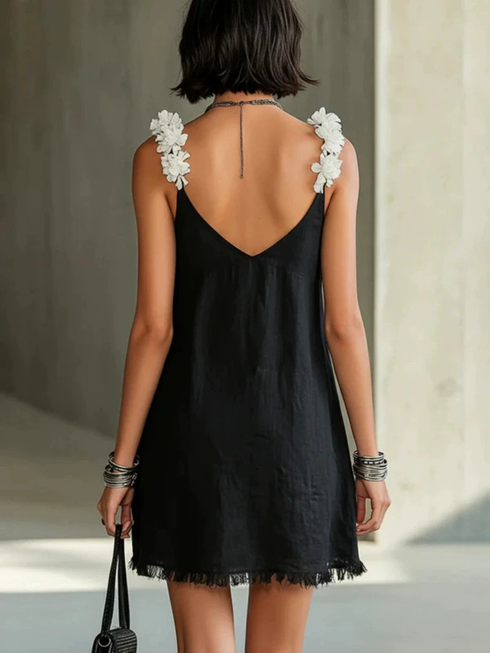 French Style Black Cami Mini Dress 3D White Flower Straps Raw Hem Loose Slimming
